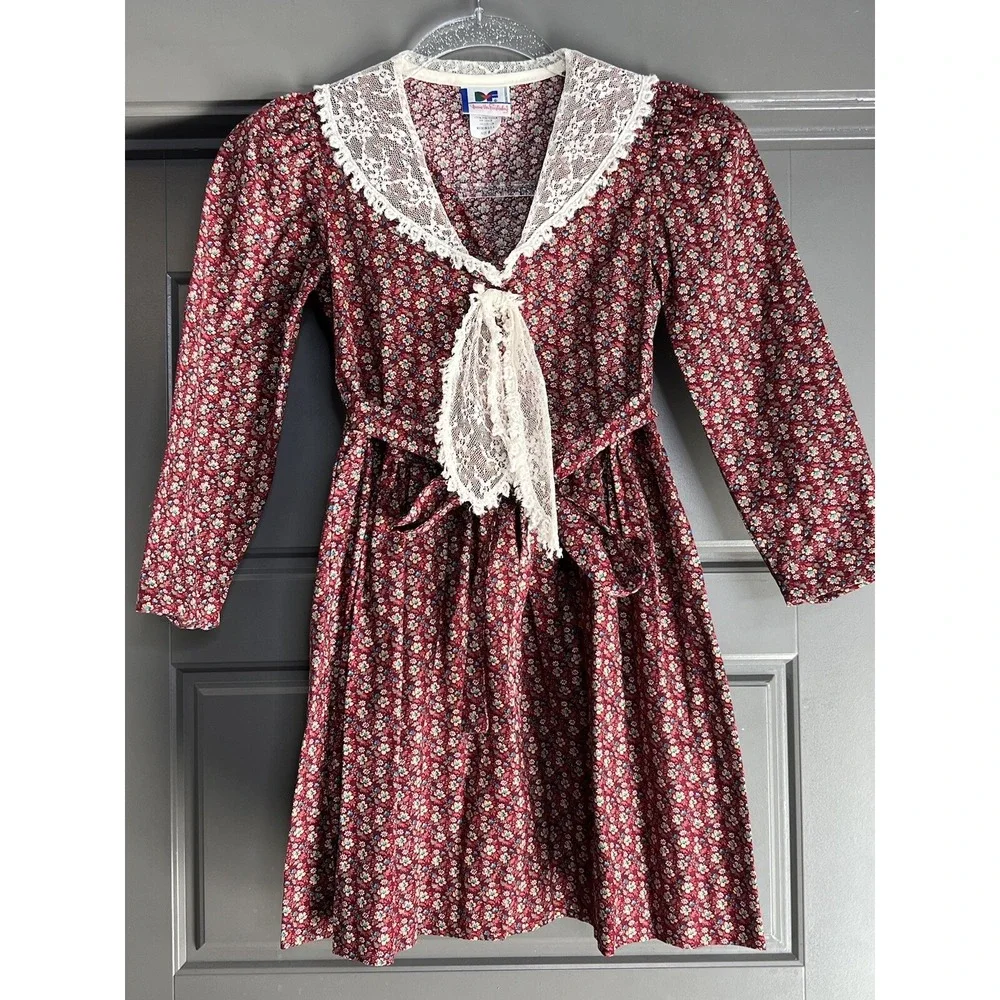 Vintage 70s Diane‎ von Furstenberg Dress Girls 8 Lace Red Floral Cottagecore